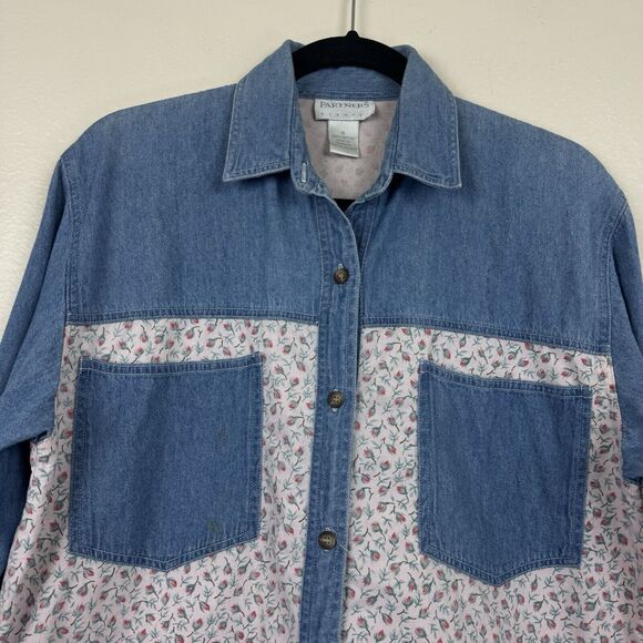 Vintage 90s Partners Mervyns Floral Denim Button Down Long Sleeve Top Cotton M - Picture 2 of 14